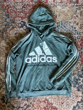adidas Men's Olive Green Logo Hoodie with White Stripes